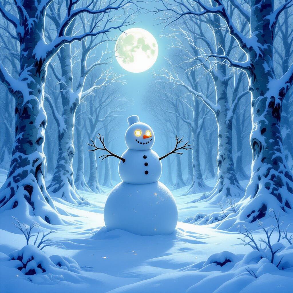 Enchanted Moonlit Forest with Snowman