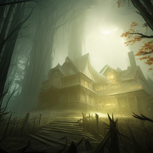 Haunted House in Woods: Supernatural Digital Illustration