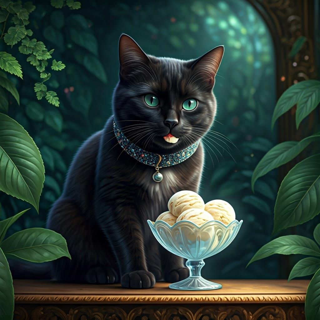 Black Cat Enjoys Ice Cream in Dreamlike Setting