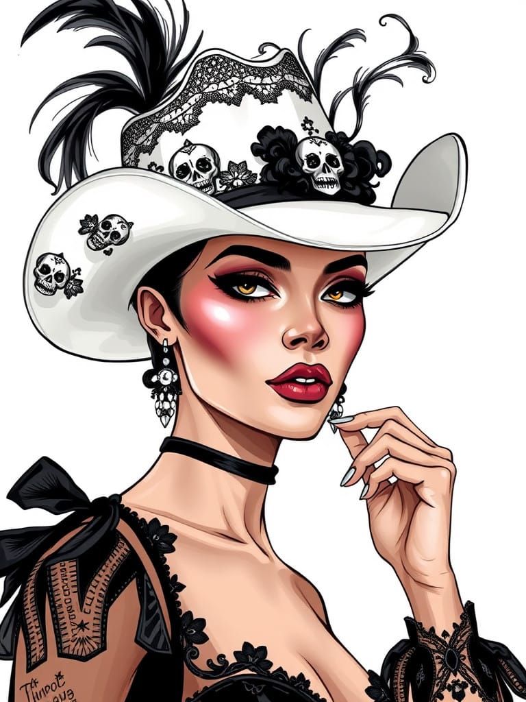 Elegant BIPoC Model Wears Edgy White Cowboy Hat in High-Fash...