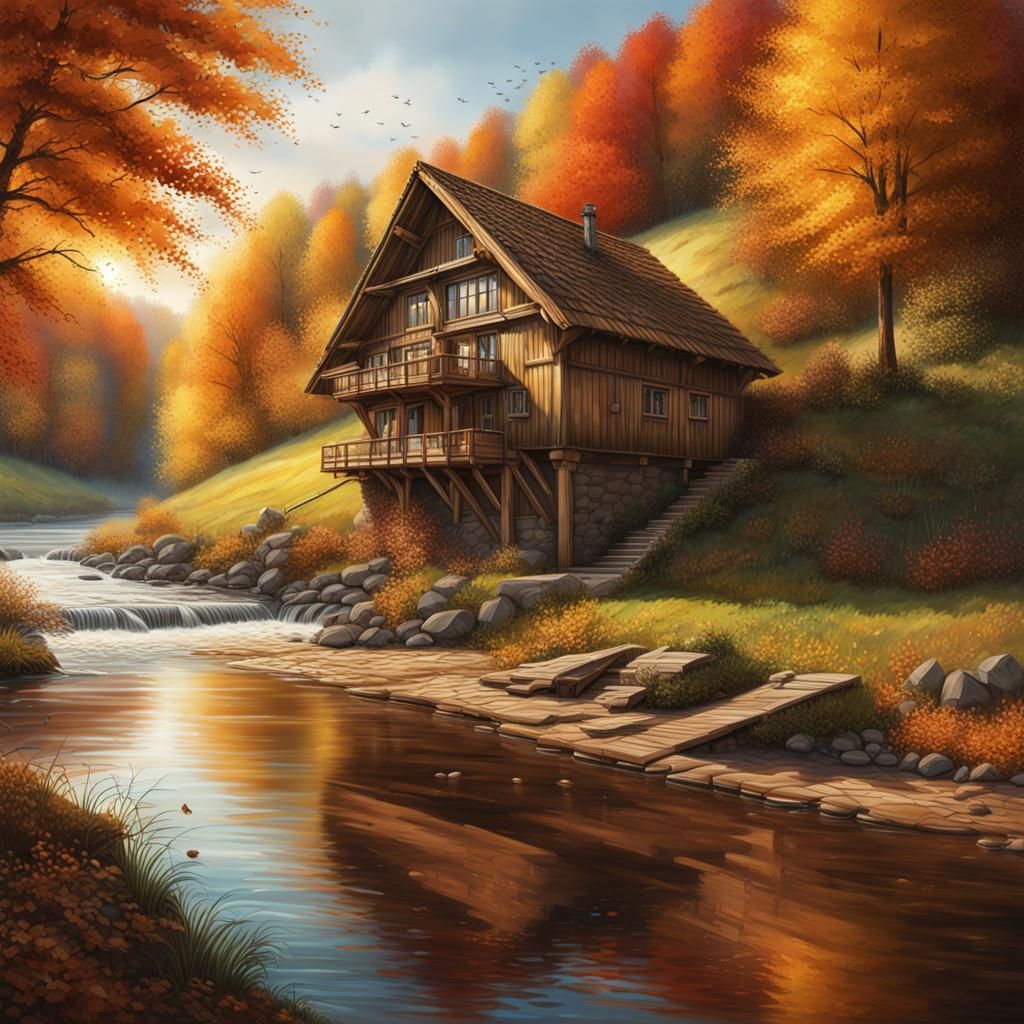 Autumn Cabin by River in Splash Art Style
