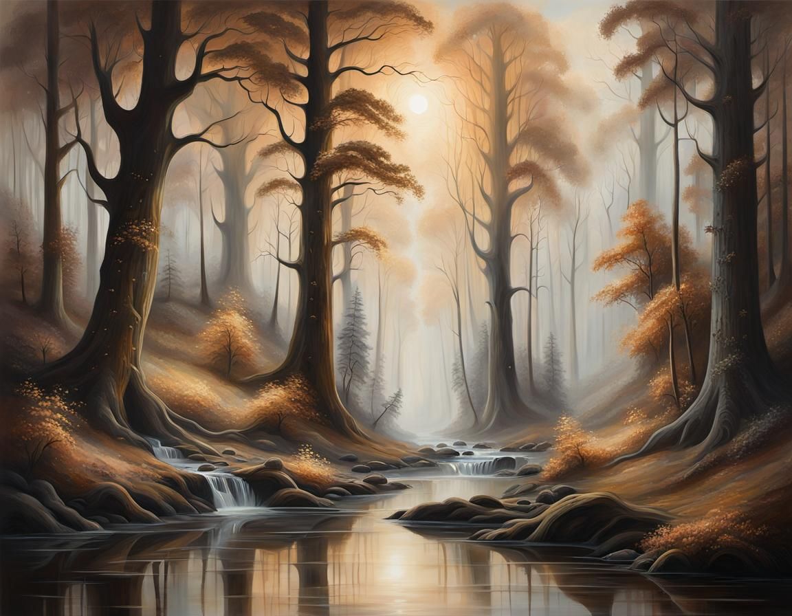 Mystical Forest: Dreamlike Oil Painting in Earth Tones