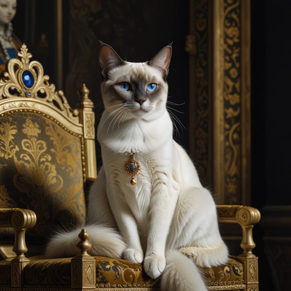 Regal Siamese Cat Queen on Throne in Detailed Portrait