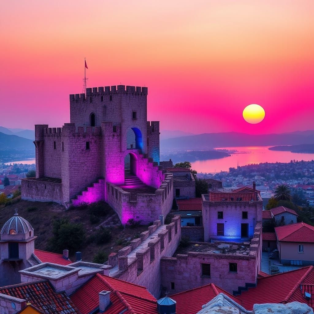 Medieval Castle in Vibrant Shkodra, Albania, with Retro-Futu...