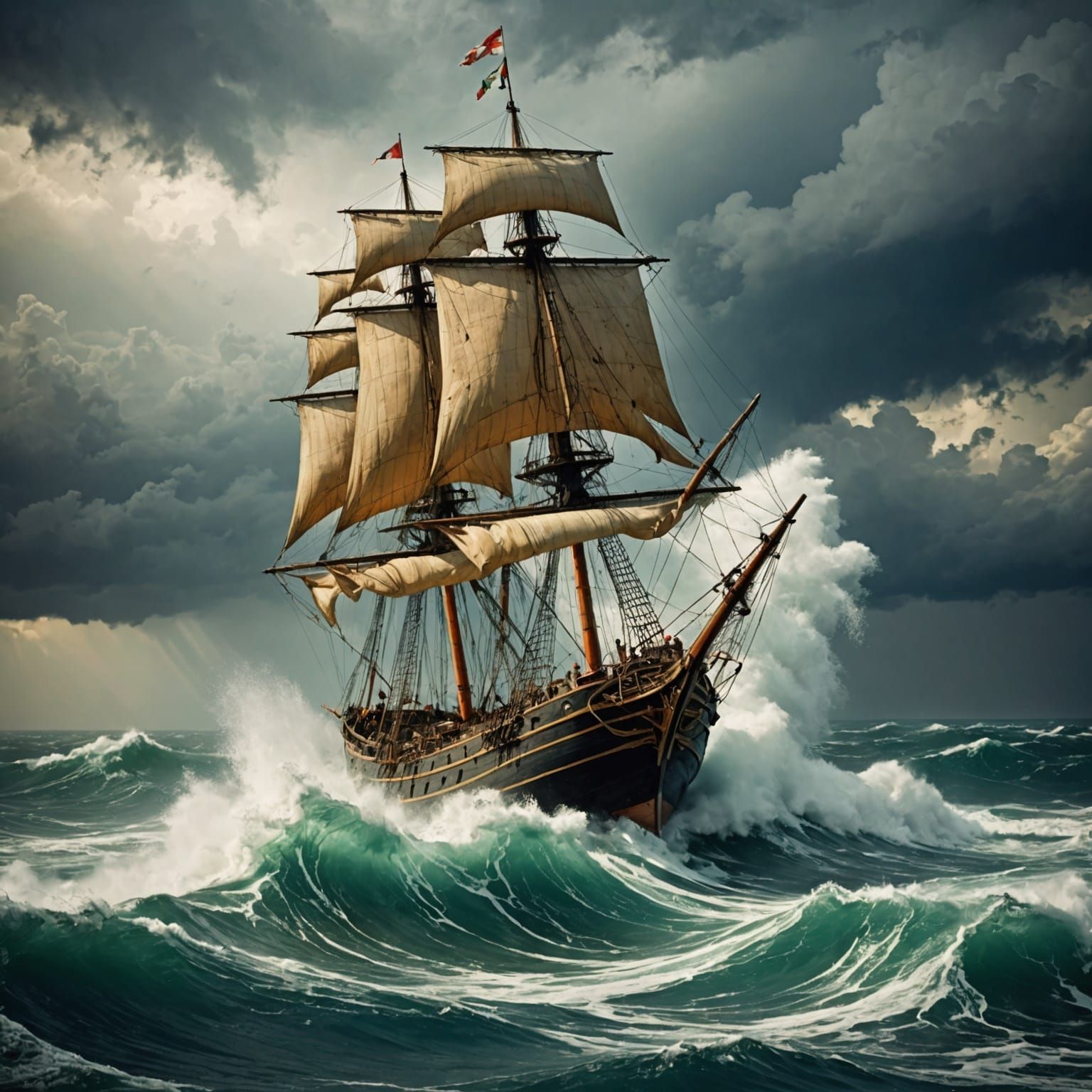 Ancient Sailing Ship Navigating a Violent Storm