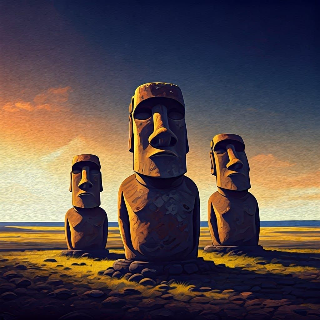 Easter Island Moai Statues in Early 20th-Century Style