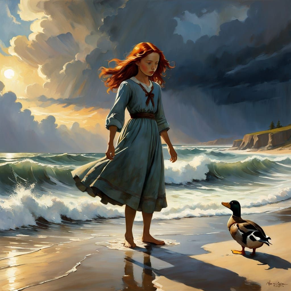 Girl, Dog and Duck at Stormy Beach, Golden Age Illustration