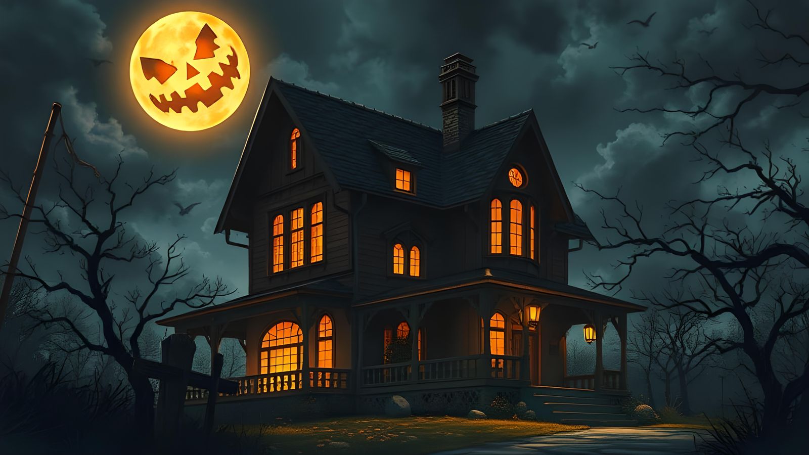 Anime Haunted House Under Halloween Moon