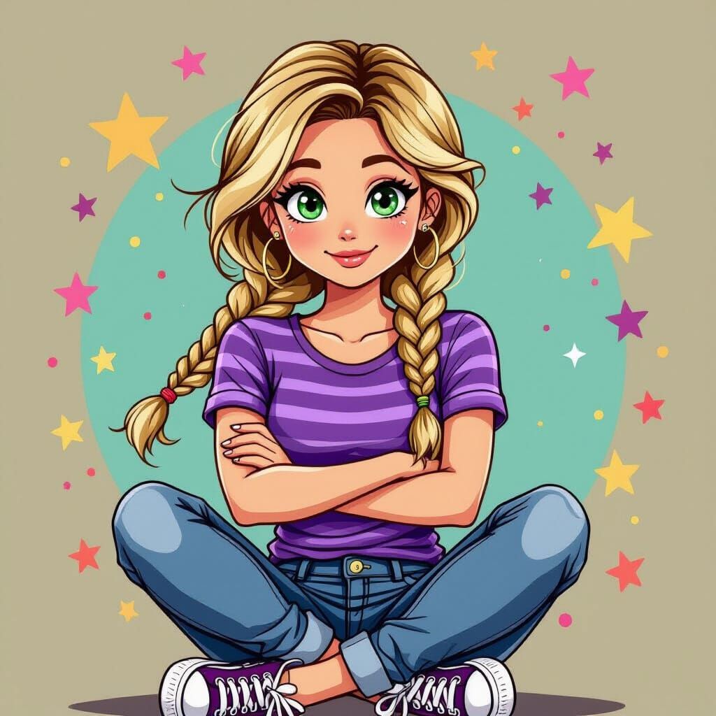 Cartoon Girl with Braids in Anime Comic Style