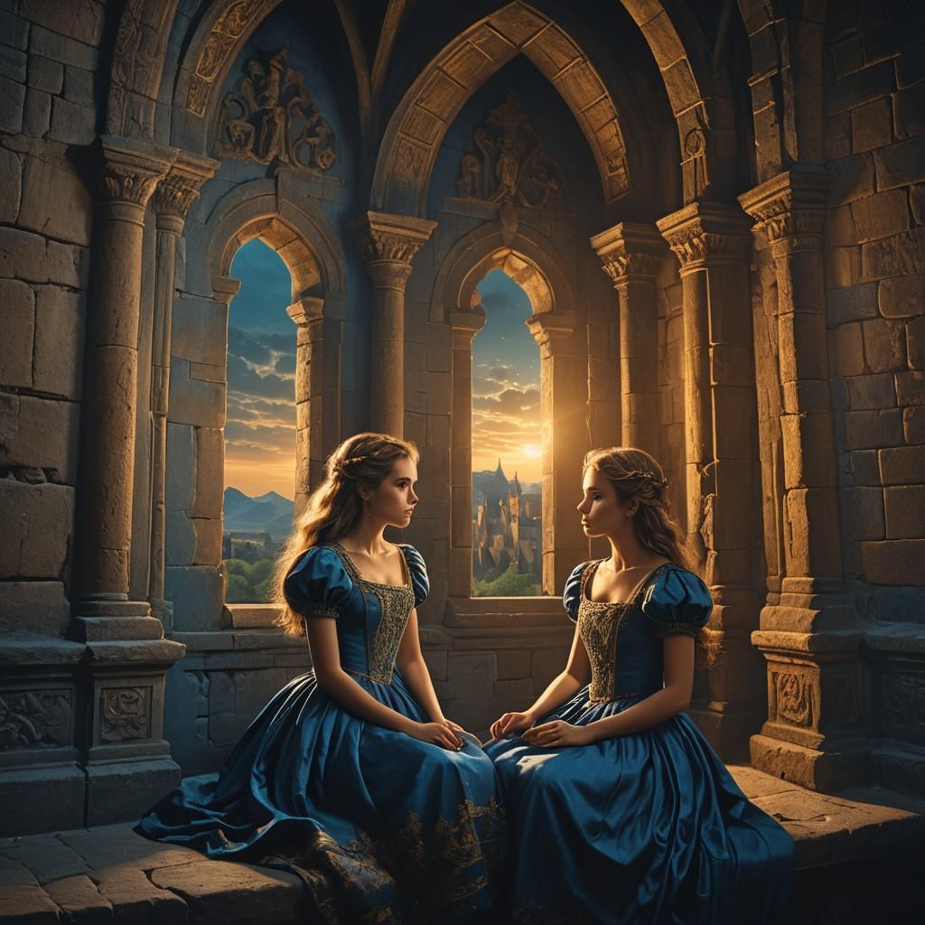 Girl in Blue Dress Gazing from Castle Window