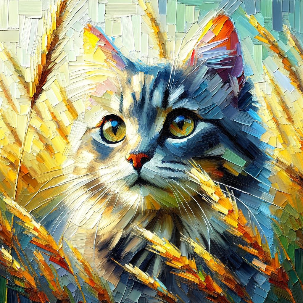 Grey Tabby Cat Portrait as Impasto Painting