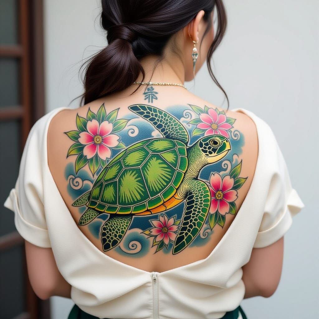 Yakuza Green Sea Turtle Tattoo on Japanese Woman