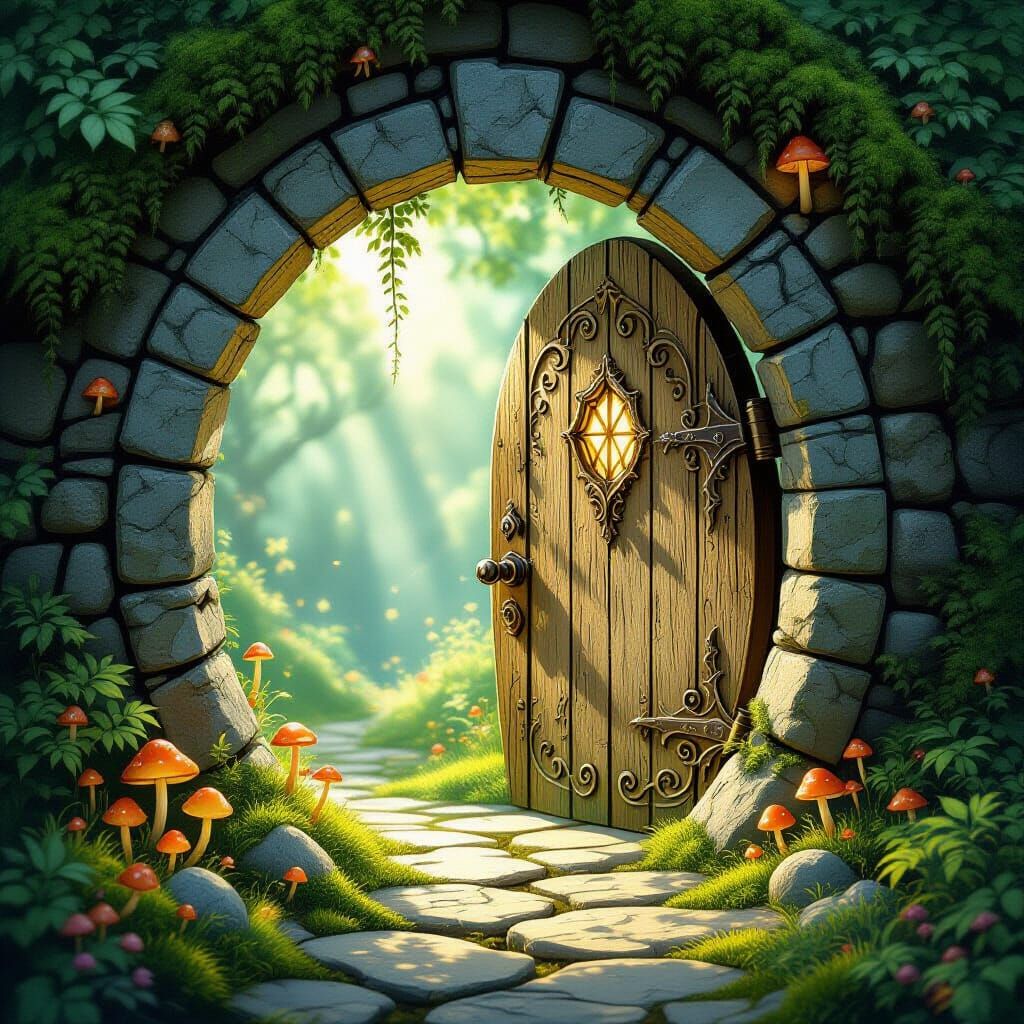 Enchanting Fairy Tale Door with Glowing Mushrooms