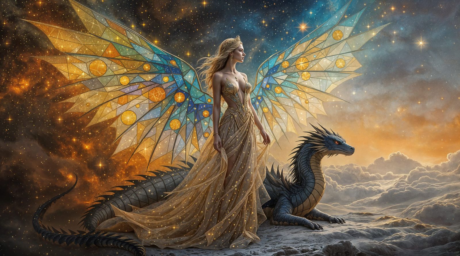 Celestial Goddess of Light and Dragon Companion in Nebula Sk...