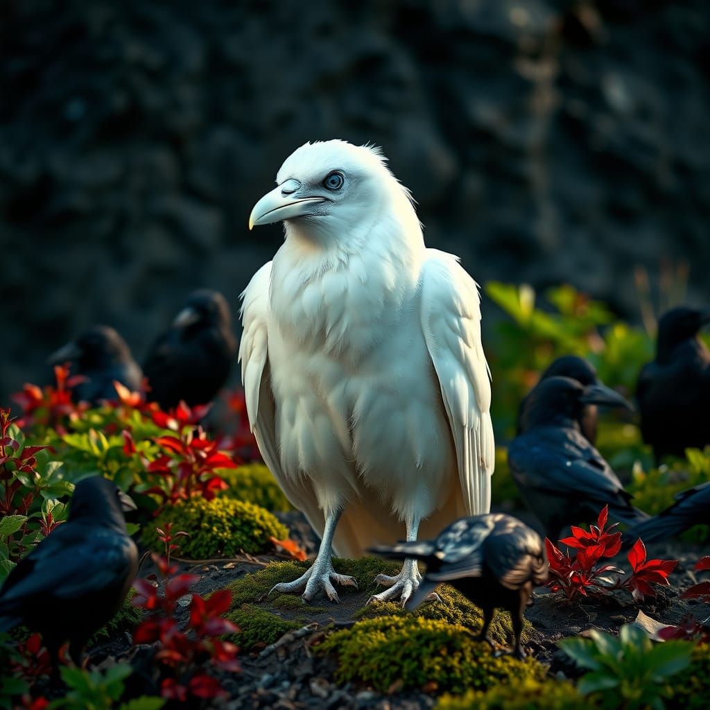 Albino Raven Photographed Amidst Black Crows in Nature