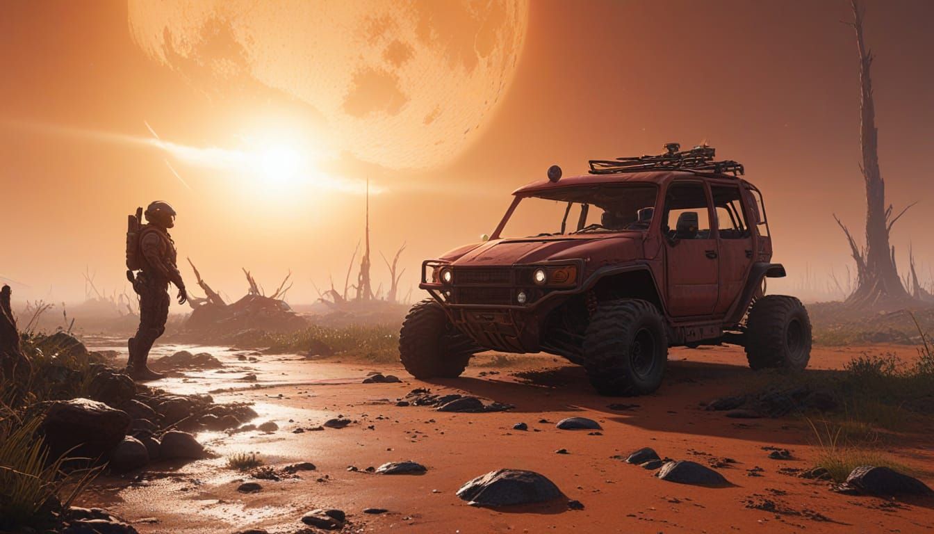 Futuristic Space Marine in Bioluminescent Alien Forest