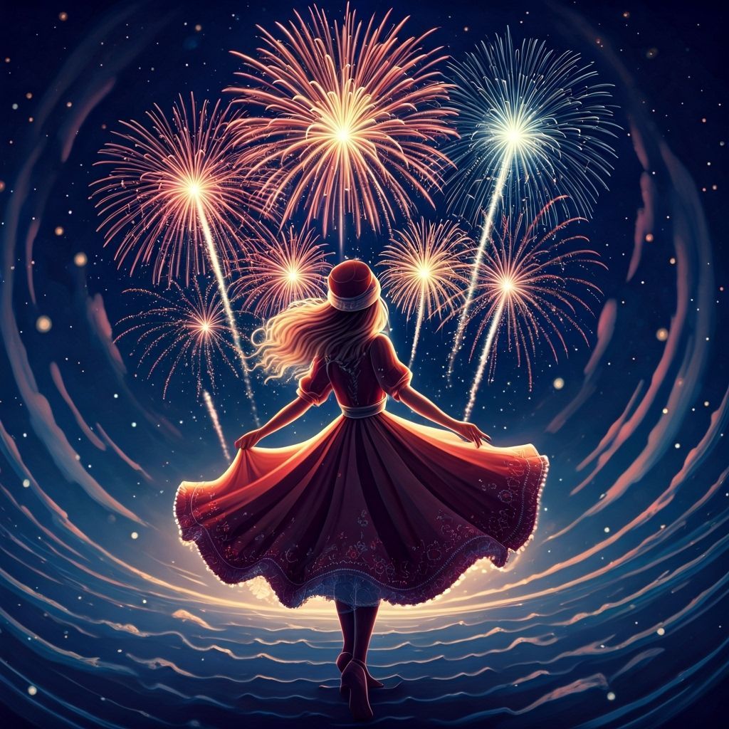 Woman Twirls Under Starfall Night Sky with Fireworks