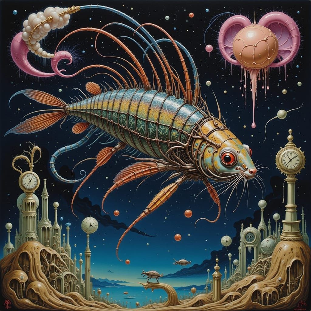 Angelfish in Surreal Nebula With Floating Clocks