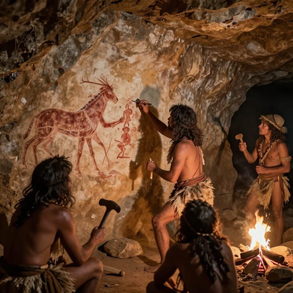 Prehistoric Artist Paints Cave Wall Scene
