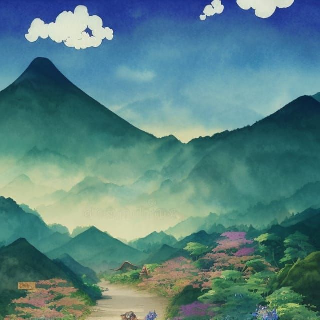 Magical Japanese Village Watercolor Illustration