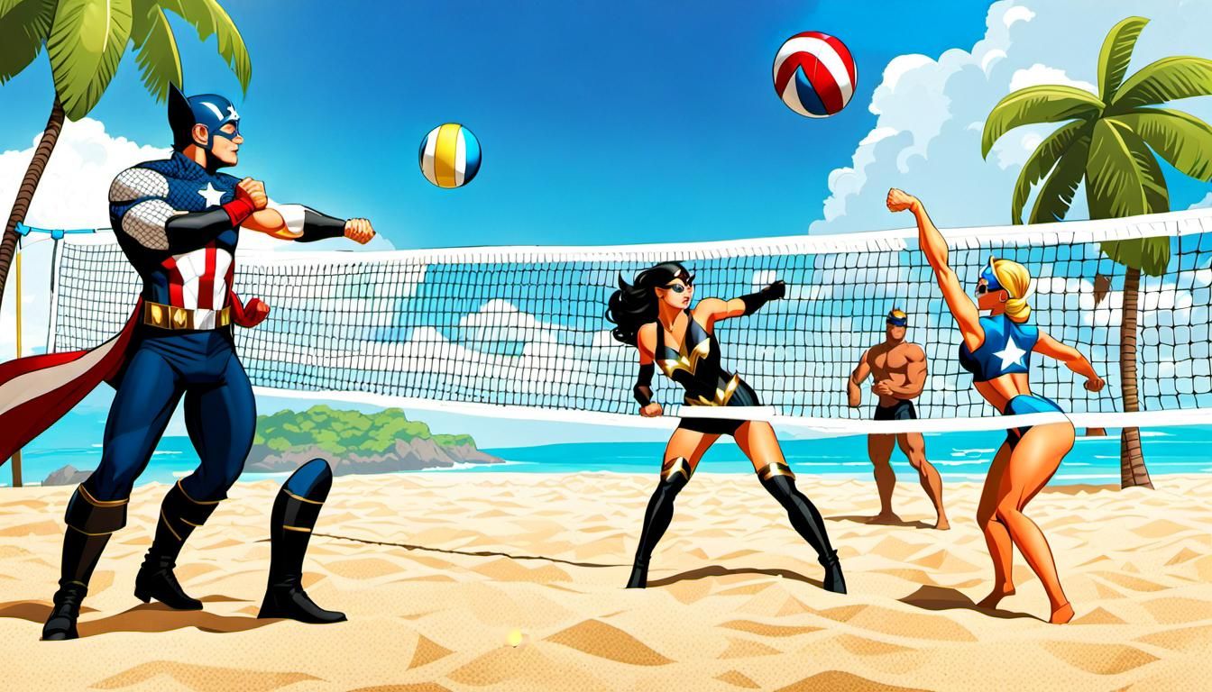Superheroes Play Beach Volleyball on Tropical Island
