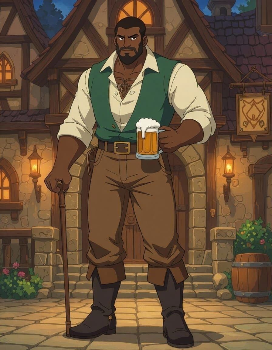 D&D Goliath Man Outside Fantasy Tavern in Anime Style