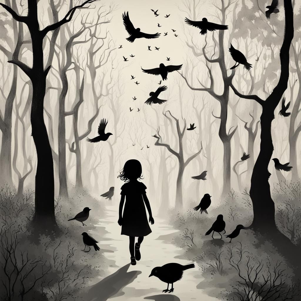 Eerie Girl in Haunted Forest with Black Birds