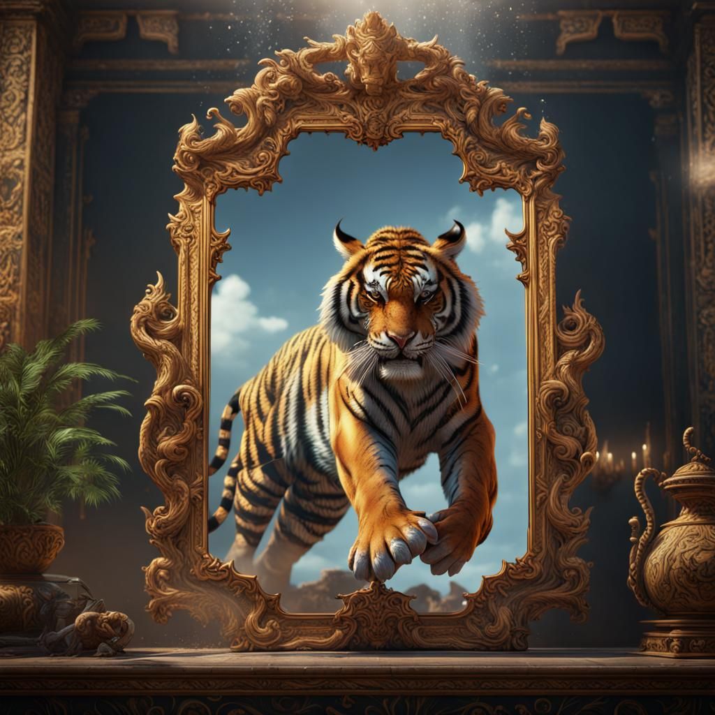 Tiger Battles Reflection: Detailed Fantasy Concept Art