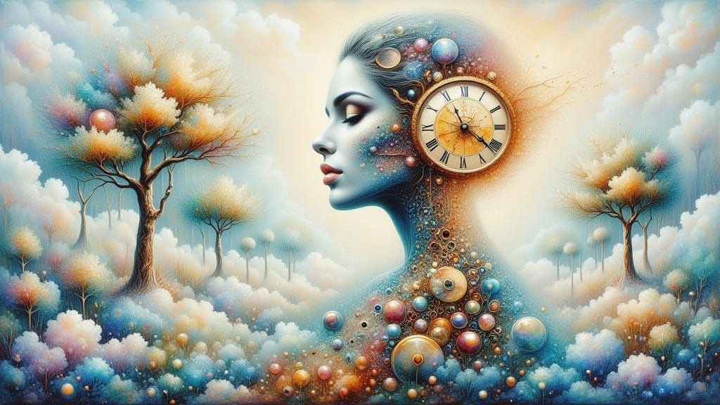 Ethereal Queen with Clockwork Heart in Dreamy Watercolor Lan...