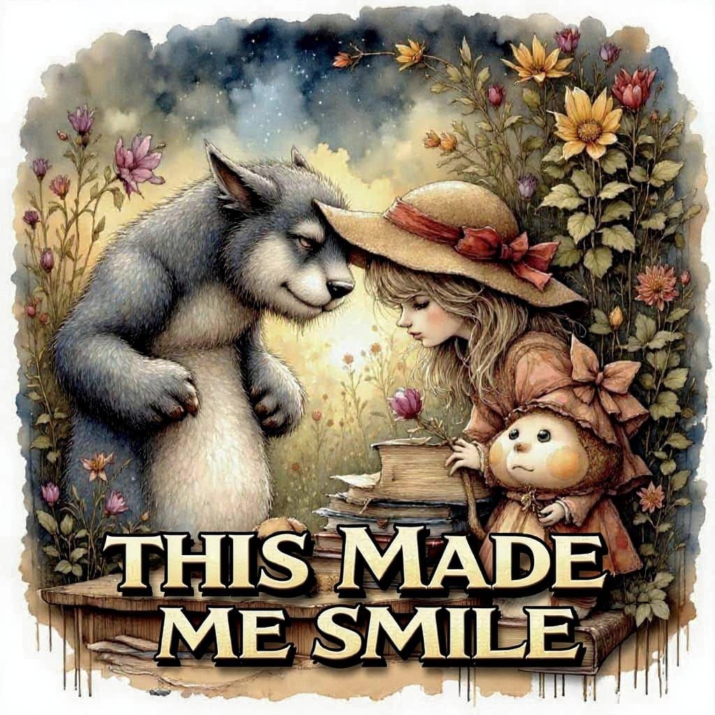 Cute bear and a doll looking into a well with  text spanning the bottom of the canvas that says "This Made Me Smile" in ...