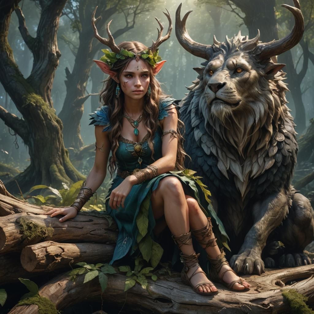 Fairy-Druid with Fantastical Beast, Detailed Matte Painting