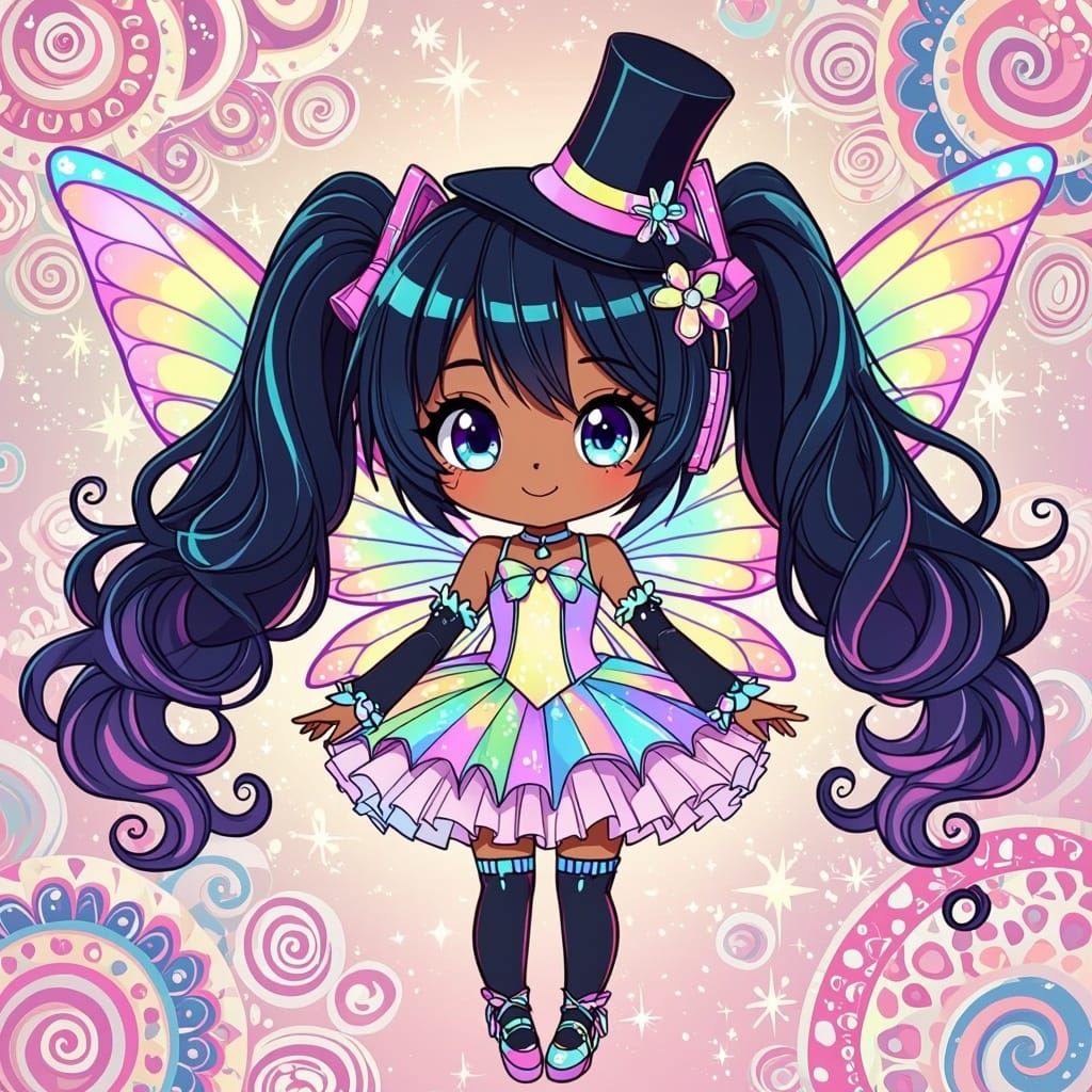 Chibi Afrofuturist Fairy in Vibrant, Swirling Patterns