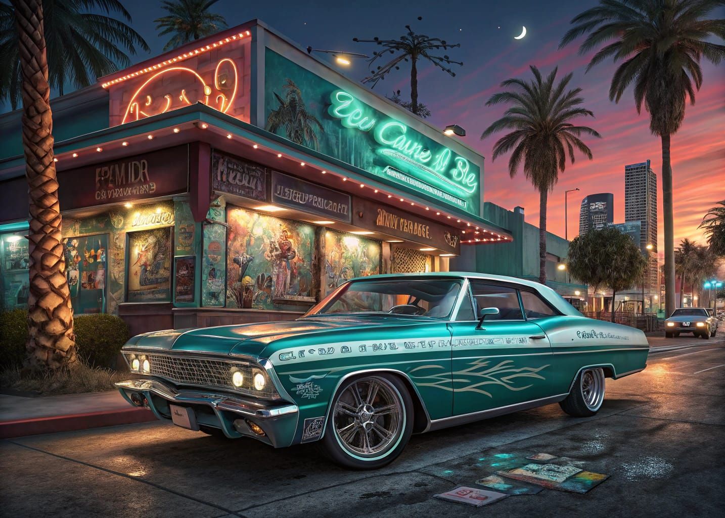 1965 Impala Lowrider at Neon Diner in Chicano Style
