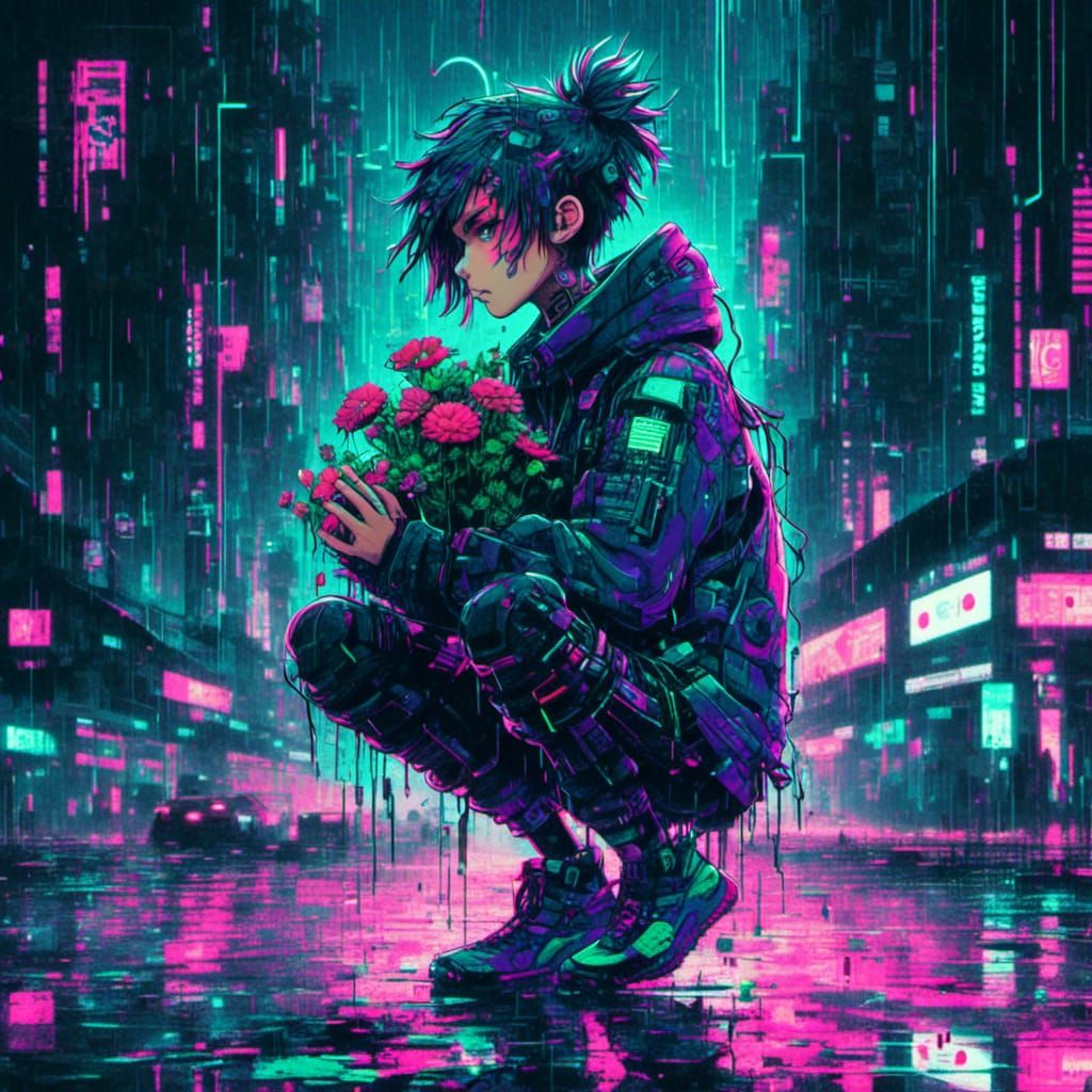 Glitch Art Portrait in Neo Tokyo Rain