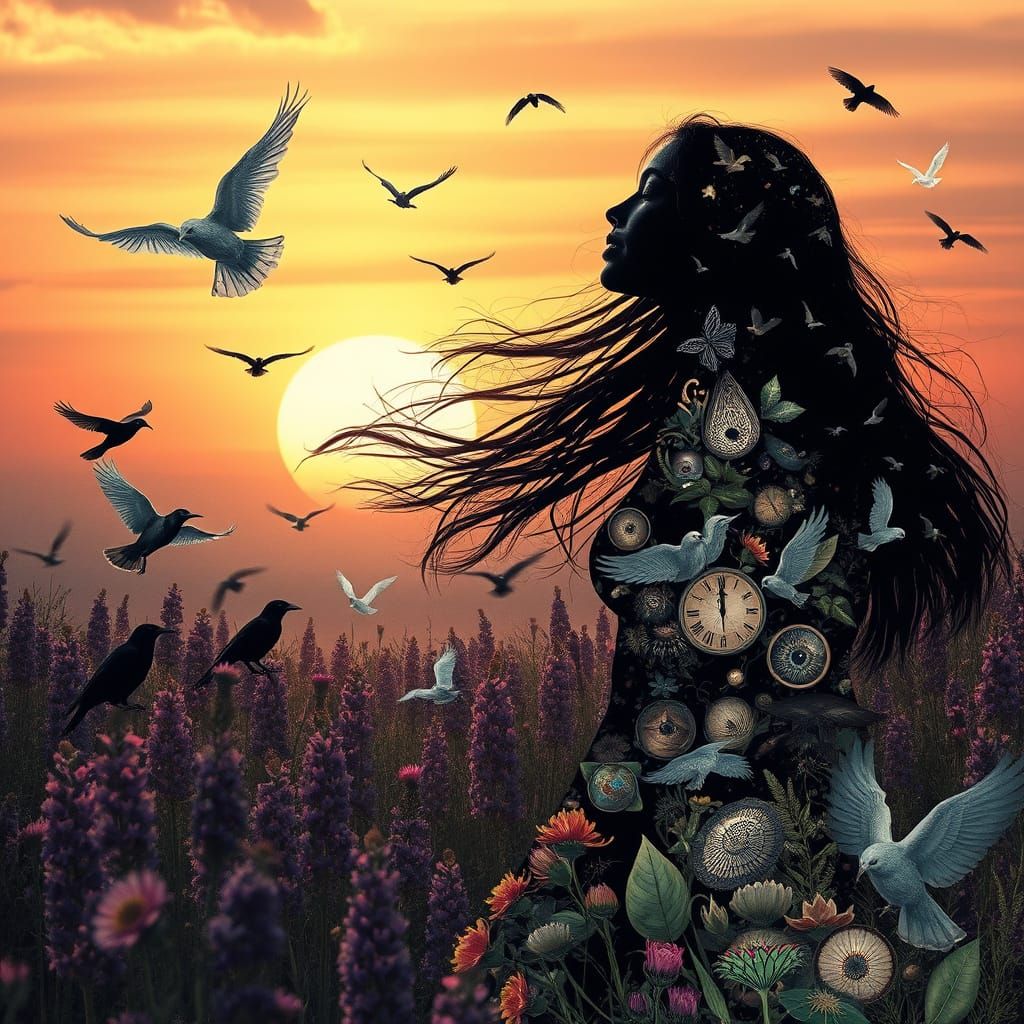 Surreal Woman in Lupine Field: Etching Style