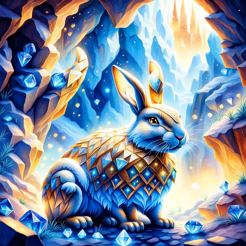 Blue Horned Rabbit in Diamond Cave, Fantasy Illustration