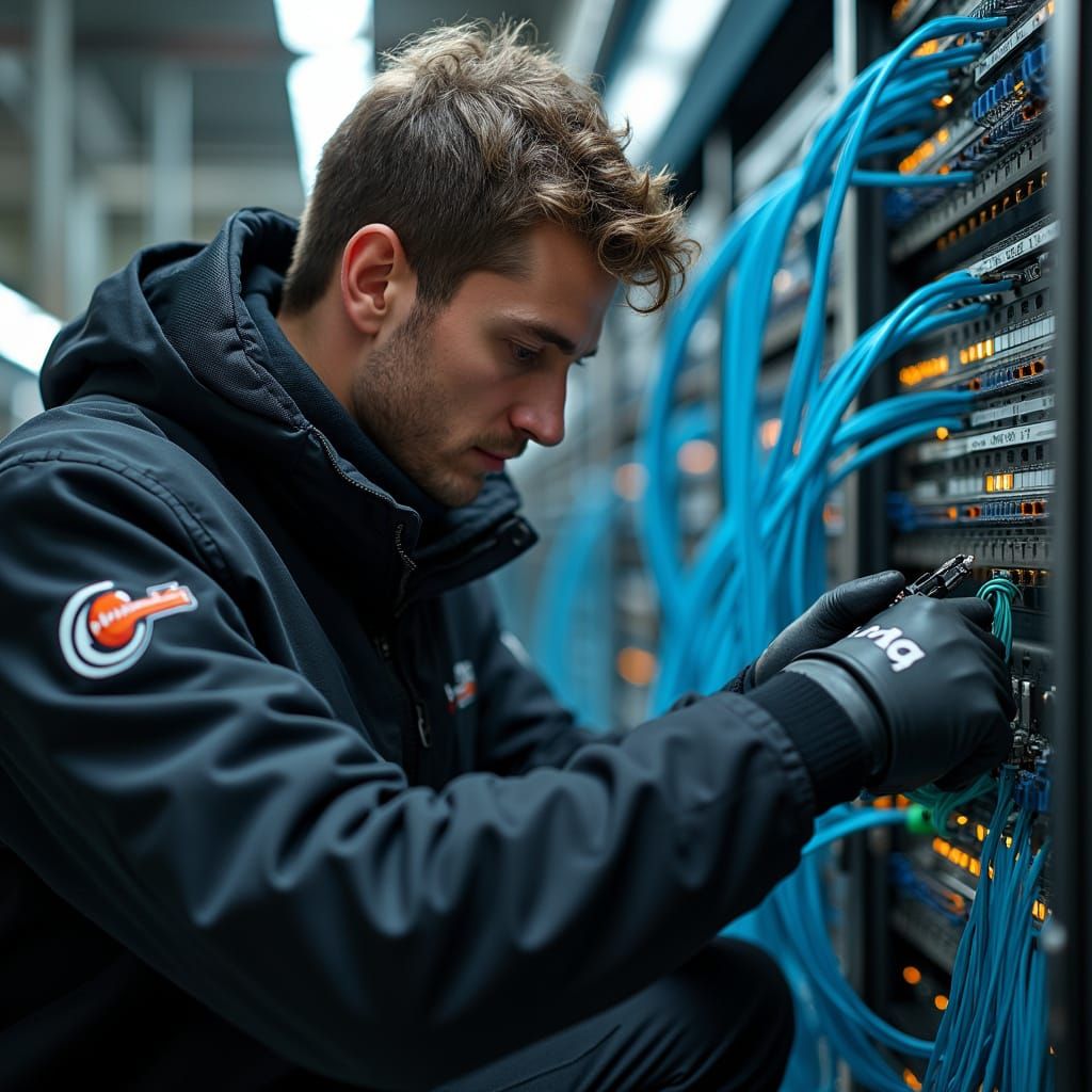 Technician Splicing Fiber Cables with Precision