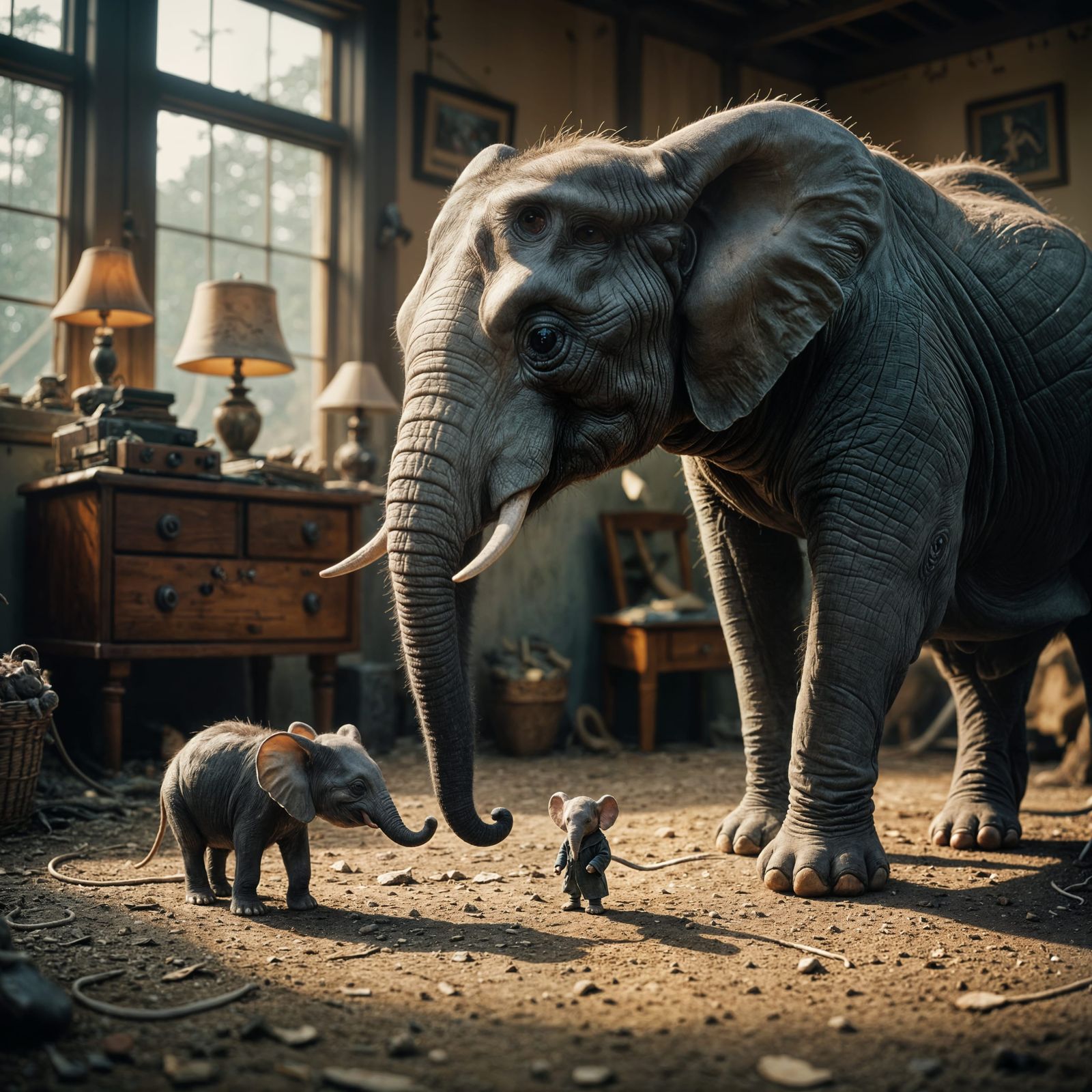 Giant Mouse and Tiny Elephant in Cinematic Style