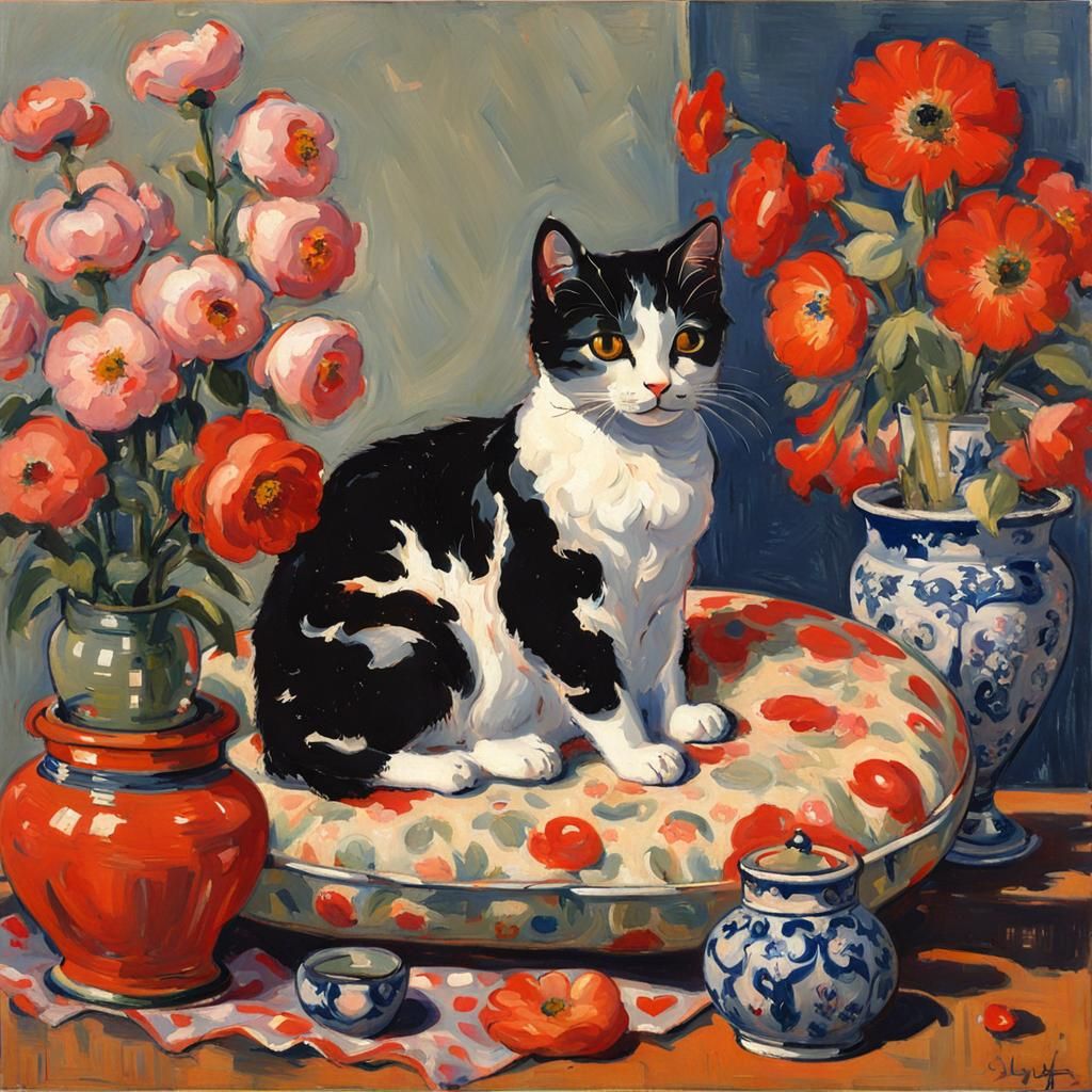 Cute Cat Surrounded by Flowers in Fauvist Style