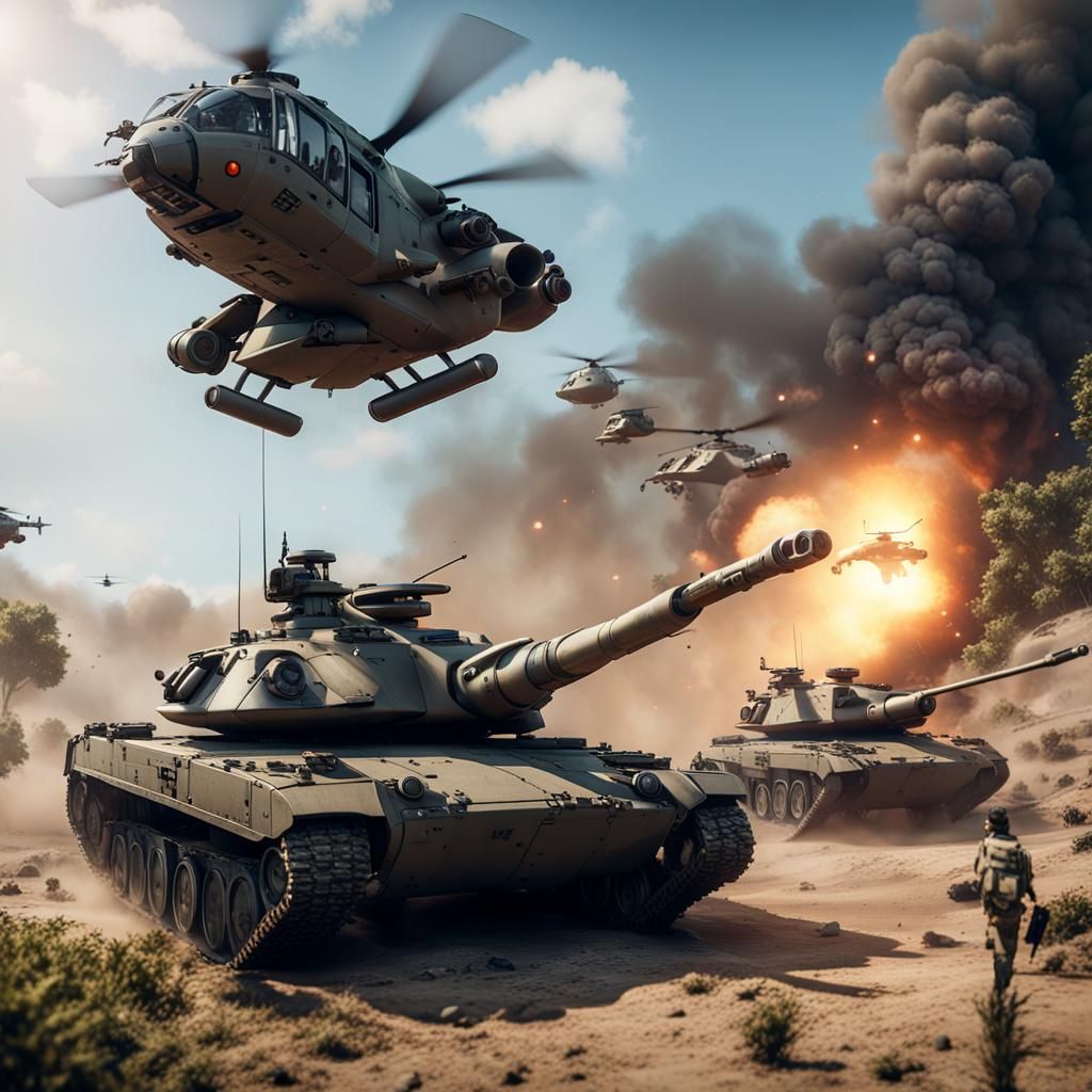 Soldiers, Tanks, and Helicopters Invading Enemy Base