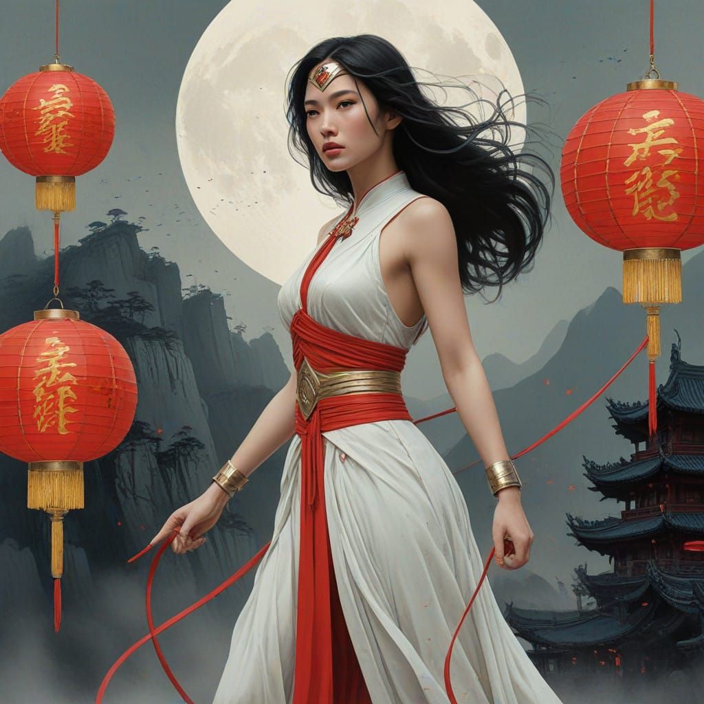 Ethereal Chinese Heroine Stands Vigilant in Mystical Landsca...