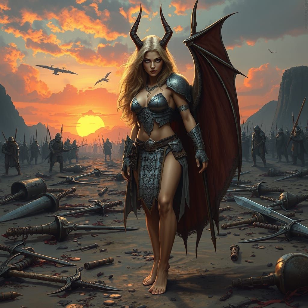 Amber-Skinned Demon Warrior on Battlefield at Sunset