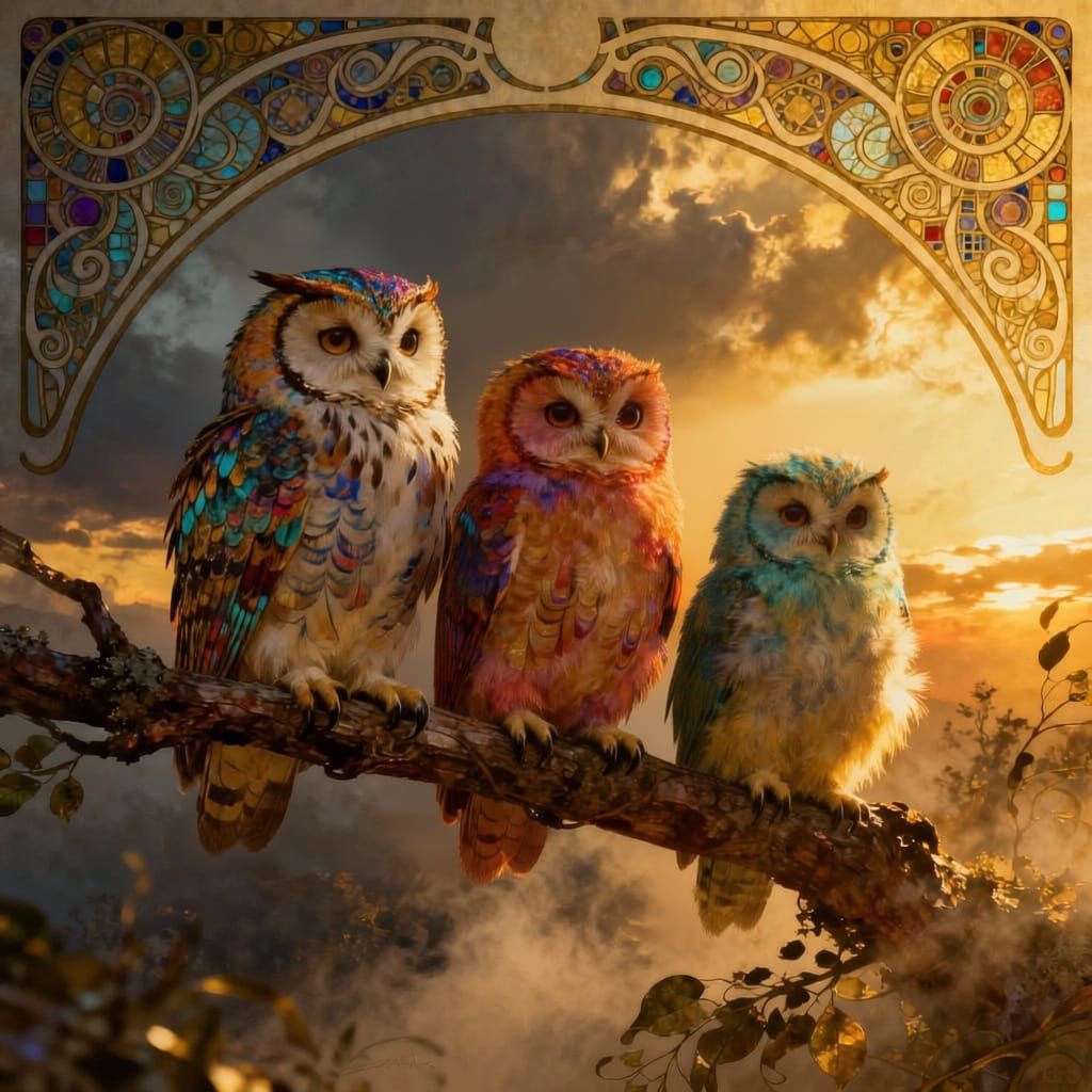 Cute Fluffy Owls on Branch - Cinematic Digital Art