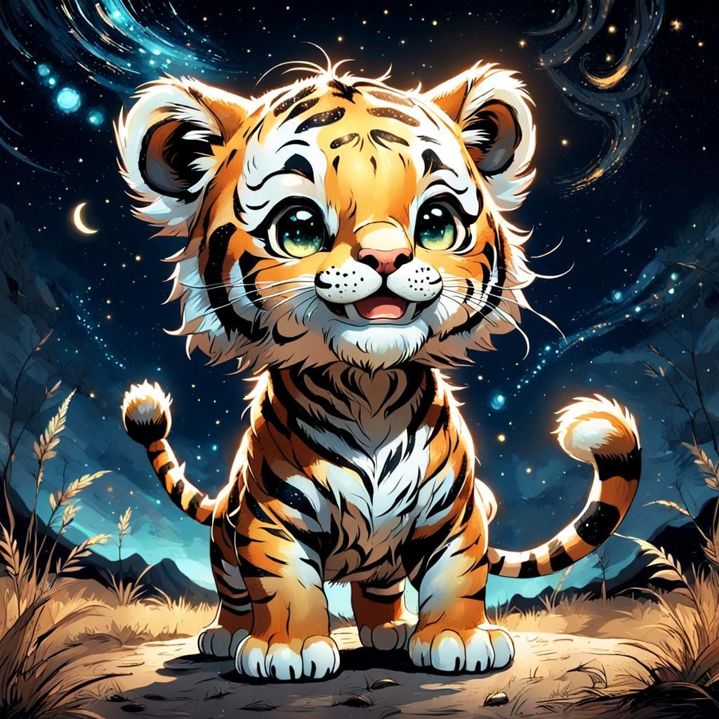 Adorable Chibi Tiger Cub in a Glowing Savannah