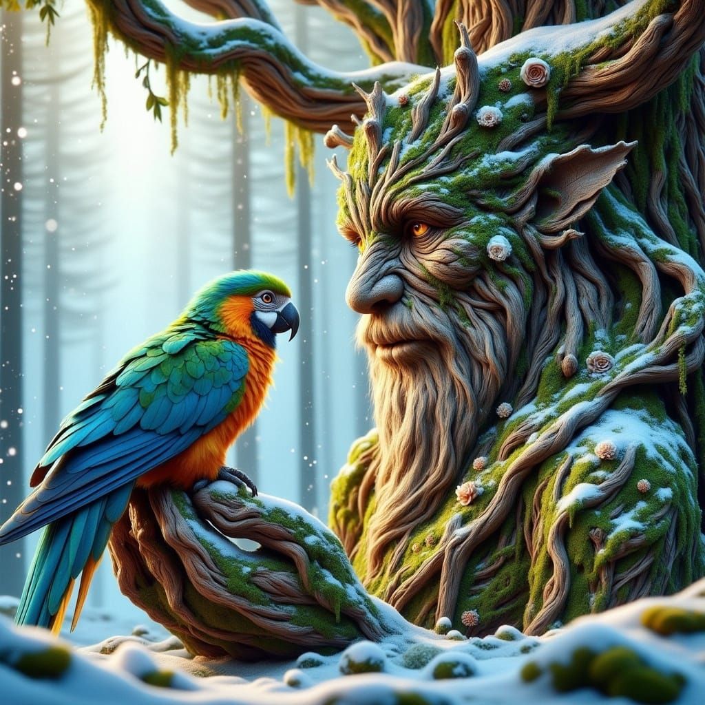 Ent and Parrot in Winter Forest: Matte Painting