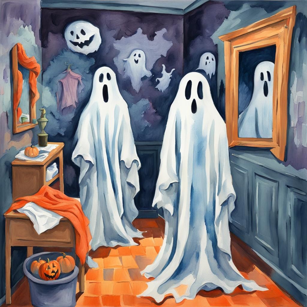 Funny Ghosts Try on Sheets: Impressionist Gouache Painting