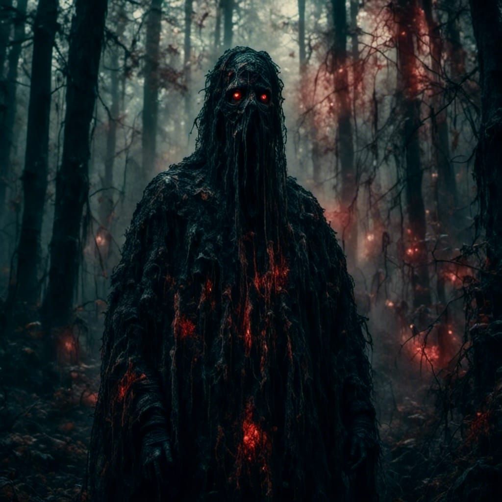 Mysterious Man in Dark Forest with Black Smoke
