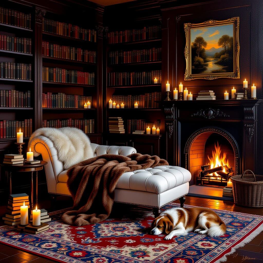 Cozy Library with Candles and Chaise Lounge