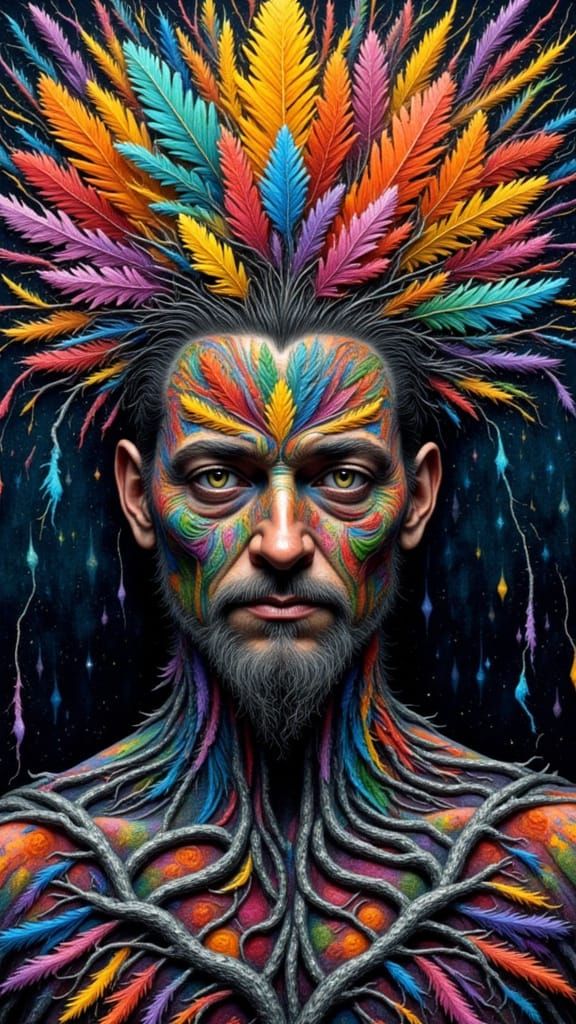 Fractal Faced Man with Rainbow Moss in Dark Fantasy Style