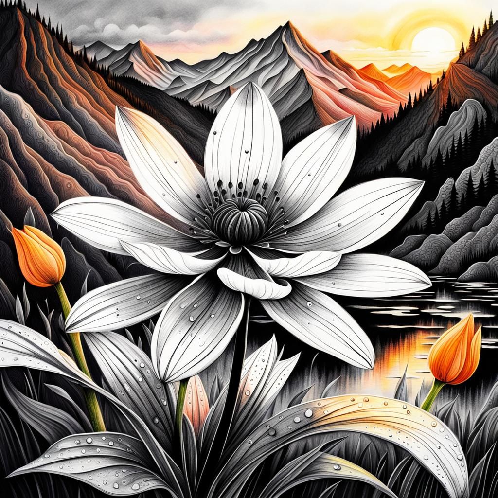 Ink Drawing of Sunrise Flower in 3D